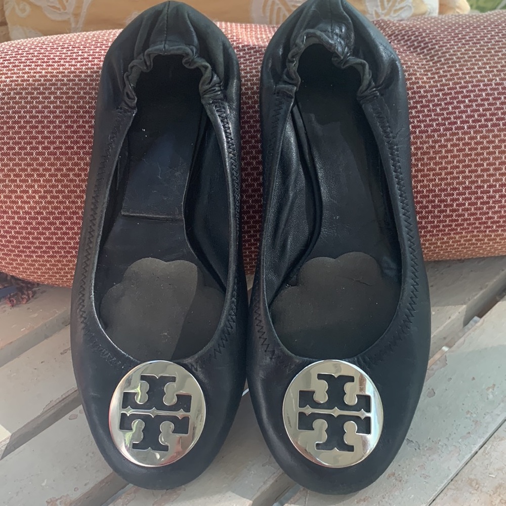 Tory Burch Black & Silver Minnie Travel Ballet Flats Size 7.5